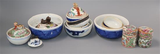 A collection of 19th century Chinese jar lids and two lidded pots
